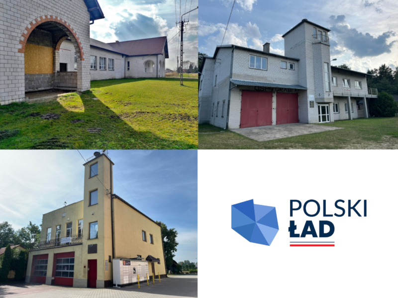 Świetlica w Woli Wężykowej i strażnice OSP w Grabi i Marzeninie oraz logo programu Polski Ład